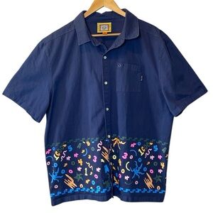 Teddy Fresh Button Down Shirt Men 2XL Blue Cotton Canvas Multicolor Retro Print